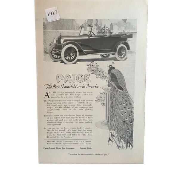 Vintage 1917 Paige The Most Reliable Car in America Ad Advertisement - Picture 1 of 4